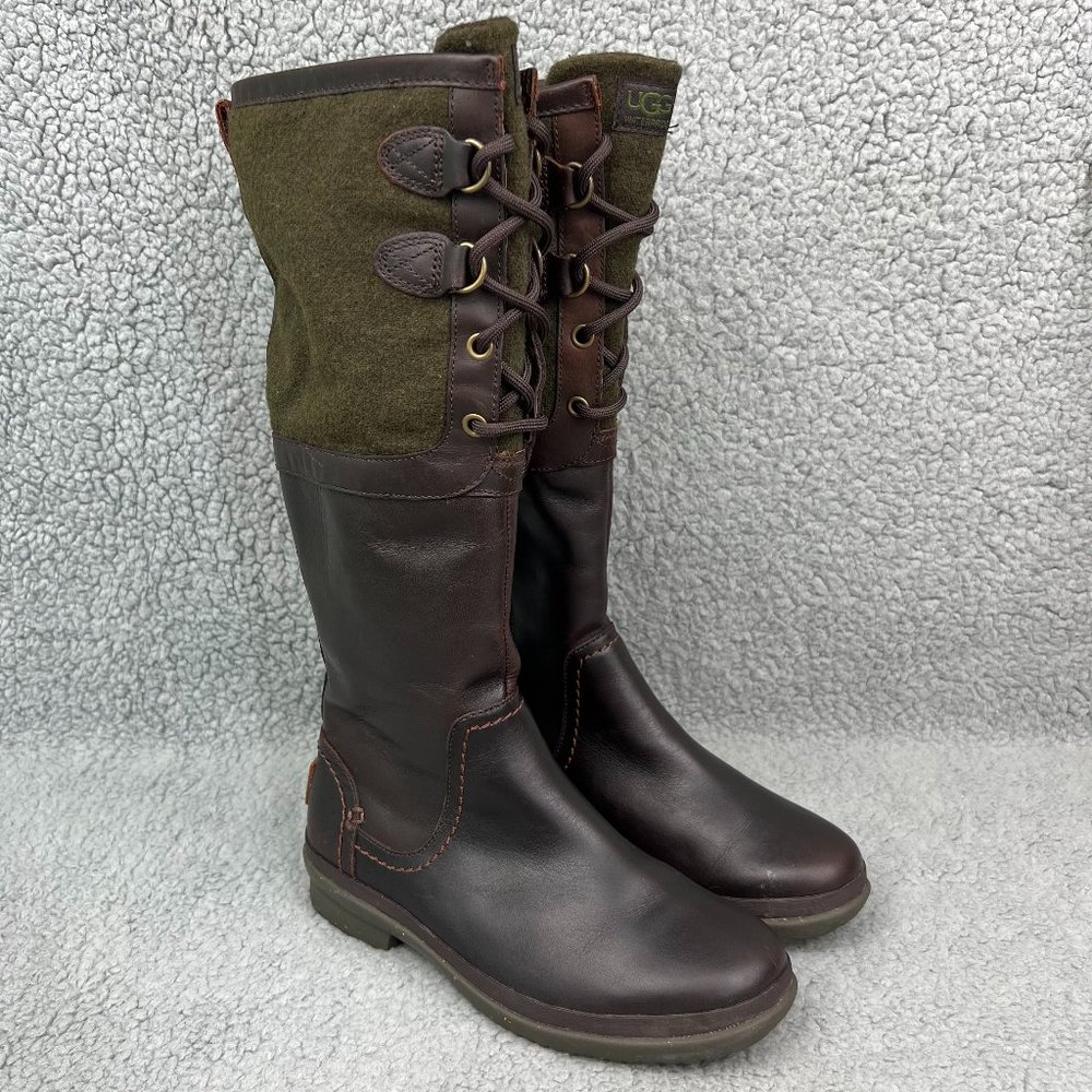 Ugg Elsa Boots Womens 5 Shoes Brown Green Waterproof Leather Wool Tall Australia
